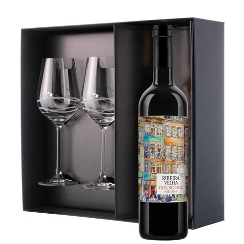 Ribeira Velha Douro Tinto 75cl Red Wine And Diamante Venezia Glasses Gift Box Set